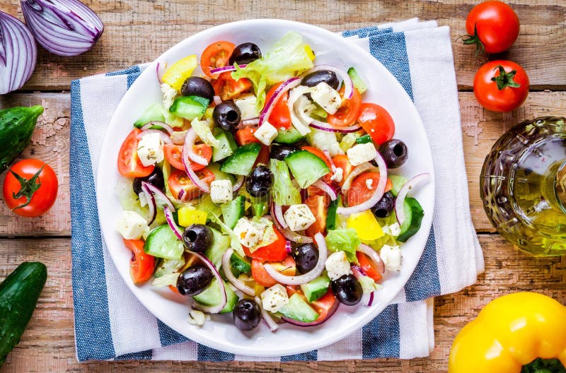 Greek Salad of Organic Tomatoes, Cucumber, Red Onion, Olives and Feta ...