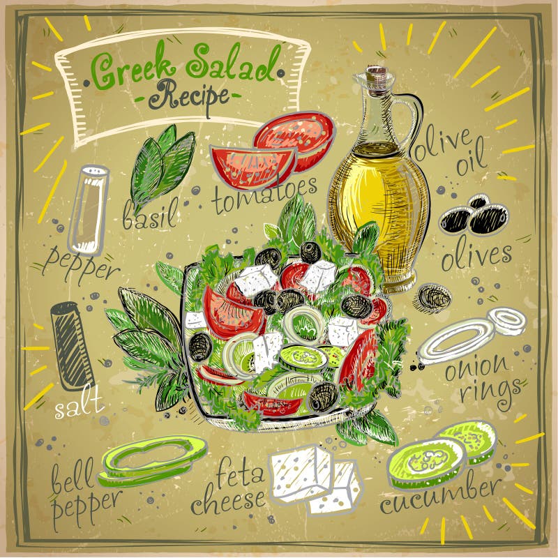 Greek Salad Recipe Chalkboard Design, Salad Menu with Ingredients Stock ...