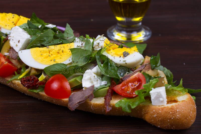 Greek Steak Salad on Bread with Eggs and Feta. Stock Image Image of