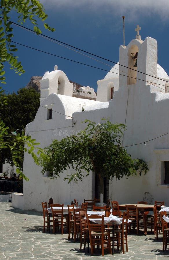 Greek taverna and church and monastery