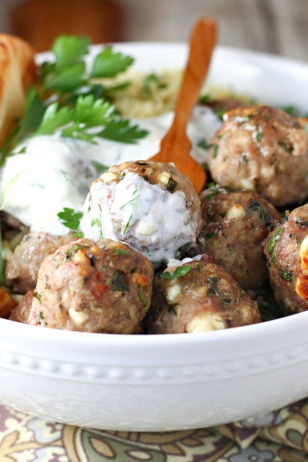 Greek Turkey Meatballs with Tzatziki Sauce Stock Image - Image of ...