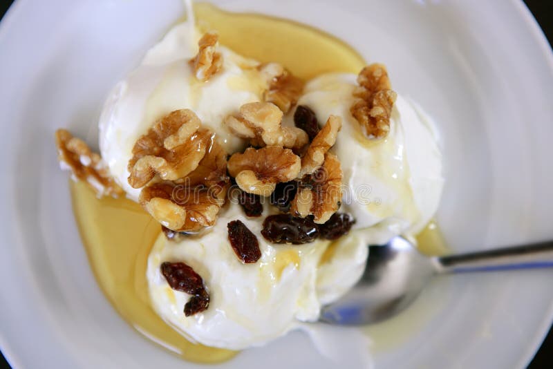 Greek yogurt dessert with honey and walnuts royalty free stock images Greek yogurt dessert with honey and walnuts royalty free stock images