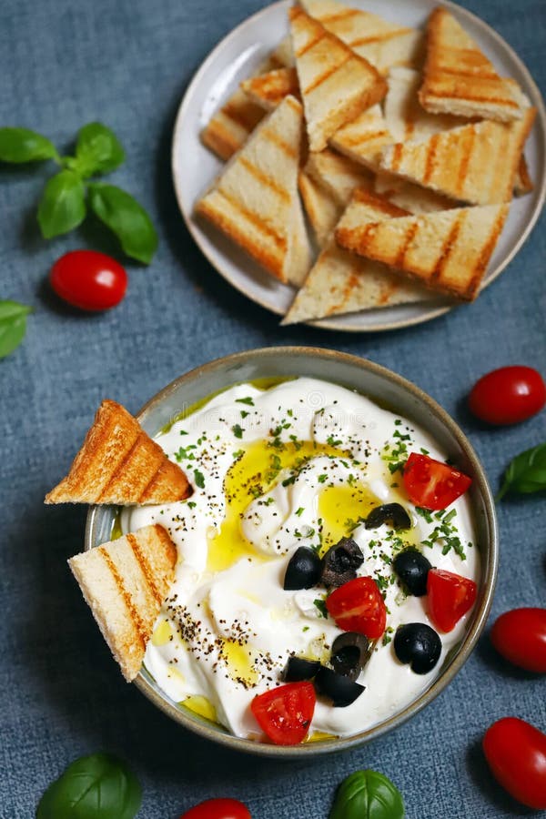 Greek Yogurt Dip with Olives and Croutons Stock Image Image of sauce, rustic 260840777