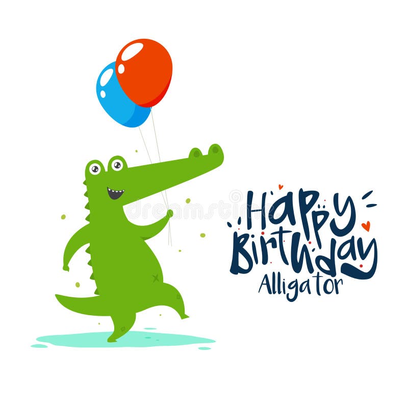 A green alligator is holding two balloons on his or her Birthday