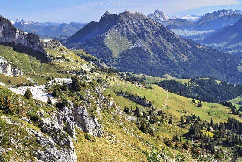 Green alpine meadows and first light snow