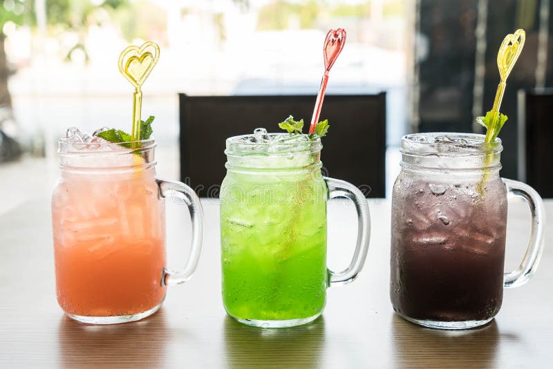 Green apple ,blueberry ,lychee soda stock photos