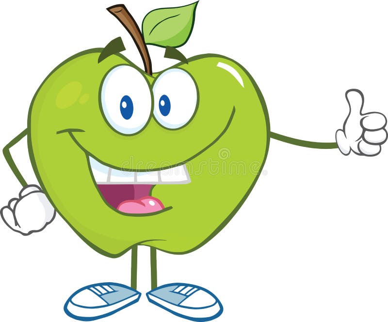 Green Apple Cartoon Character Holding A Thumb Up vector illustration