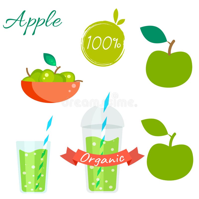 Green apple fruit and juice vector set