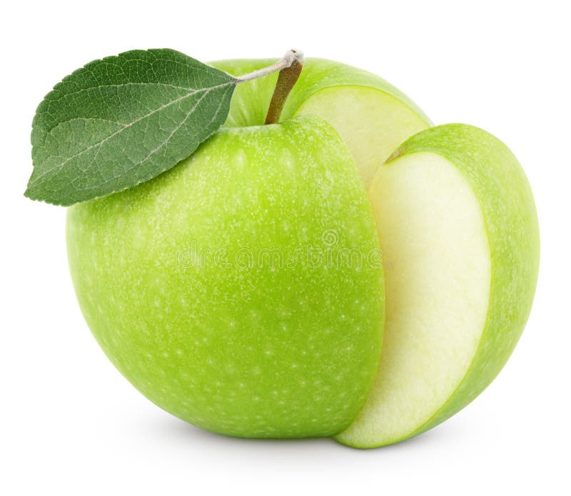 Green apple with leaf and cut on white