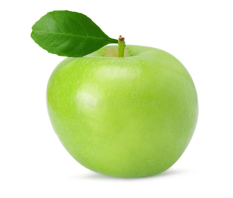Green Apple With Leaf Isolated On White Background. One Apple Stock