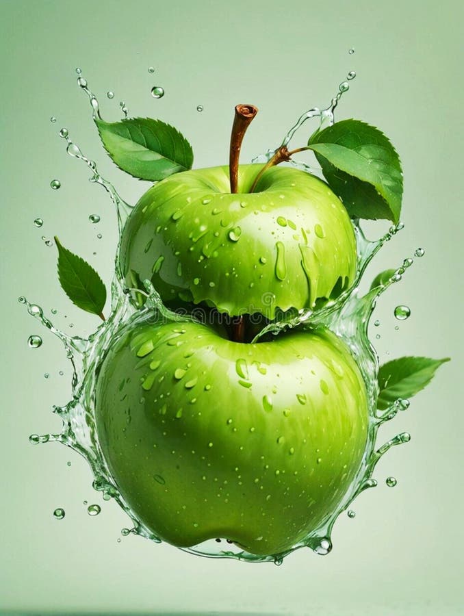 A Green Apple with Leaves and Splashed with Water on a Light Green Background. Water Splashing on a Fresh Green Apple royalty free stock photo