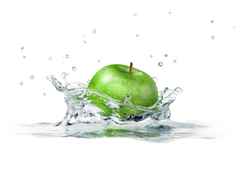 Green apple splashing into water.