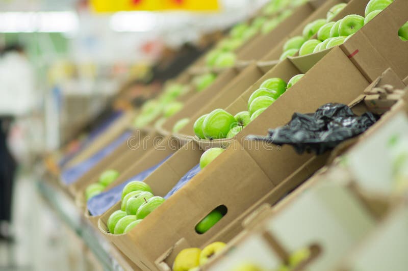 Green Apples in Box in Supermarket Stock Image Image of product
