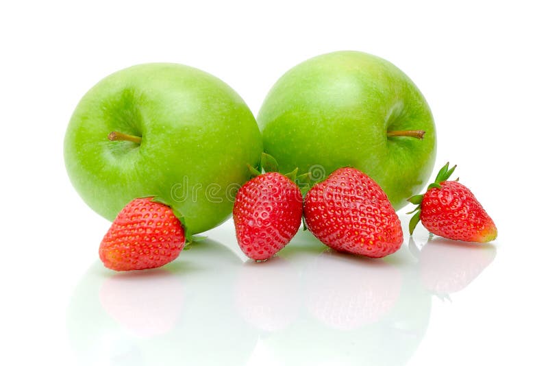 Green apples and ripe strawberrie