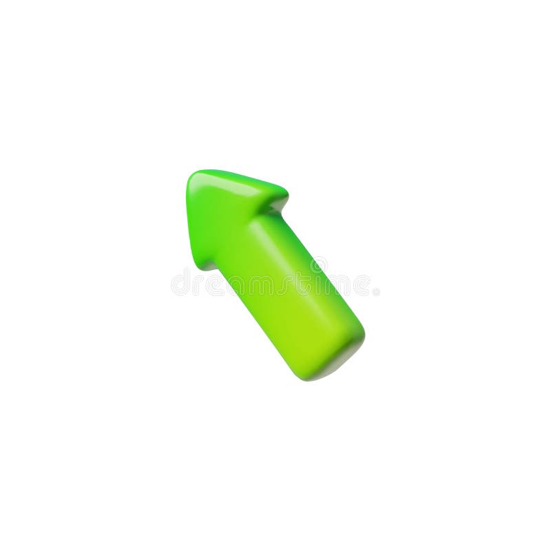 Green arrow pointing up left diagonal cursor 3d cartoon plastic style vector icon, volume interface navigation pointer stock illustration