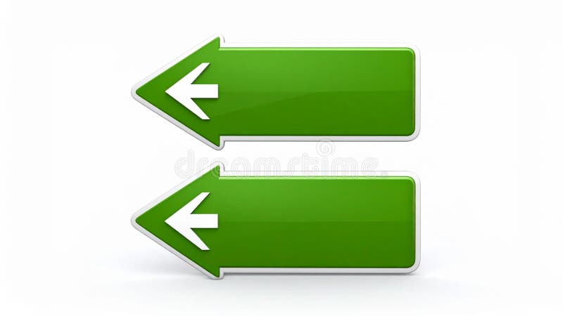 Green arrow signs pointing left on white background for direction guidance stock illustration