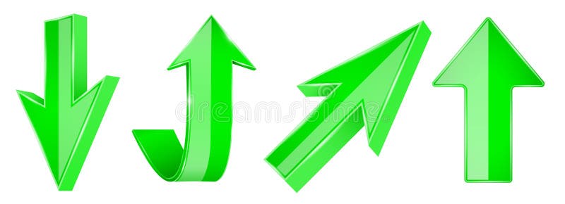 Green arrows set. 3d UP and DOWN web icons. Vector illustration isolated on white background. Up down arrows isolated vectors