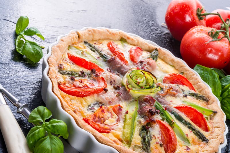 Green Asparagi Tart with Eggs and Tomato Stock Image Image of crust, cake 39840687