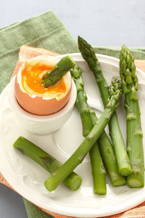 Green Asparagus with Softboiled Egg on White Plate Stock Photo Image