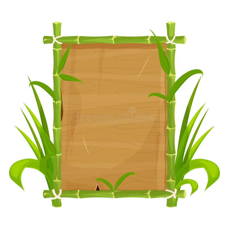 Green Bamboo Frame with Leaves, Empty Wooden Plank, Signboard in ...