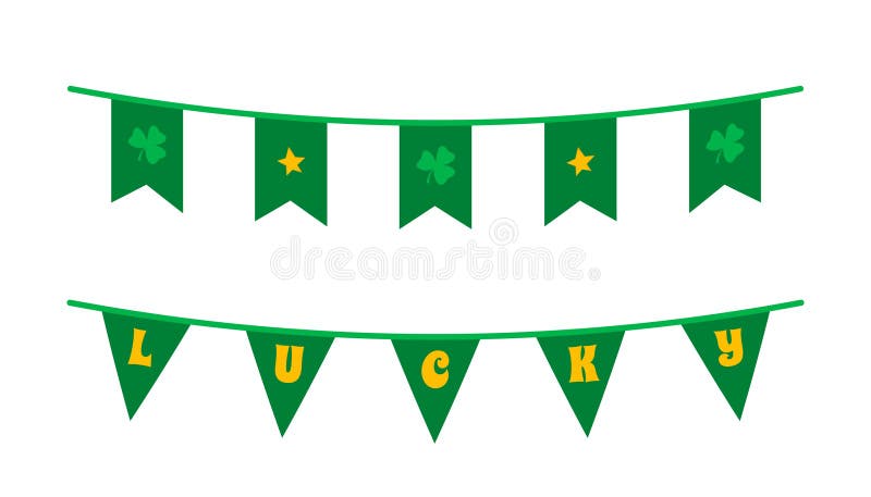 Green banners with shamrocks, stars, and LUCKY text on white background. vector illustration