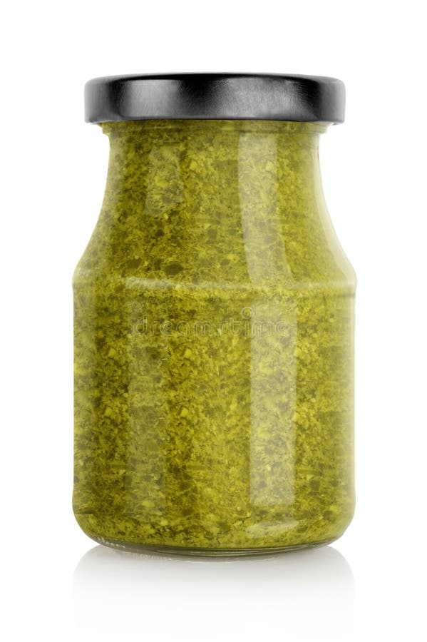 Green basil pesto jar stock photo. Image of container 32526420