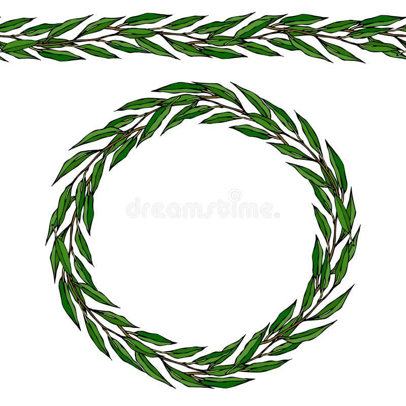 Green Bay Leaf Endless Ribbon Brush. Laurel Round Wreath Frame with a ...