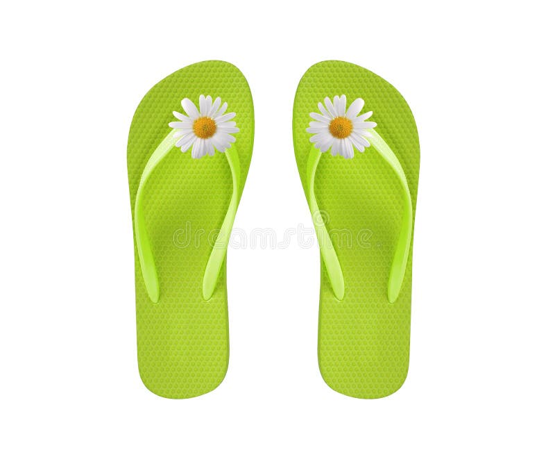 Green beach shoes with chamomile flower isolated on white royalty free stock images Green beach shoes with chamomile flower isolated on white royalty free stock images