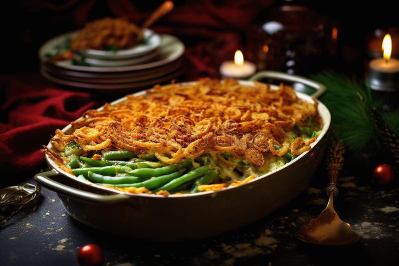 Green Bean Casserole with Crispy Onions. Traditional Festive Holiday ...