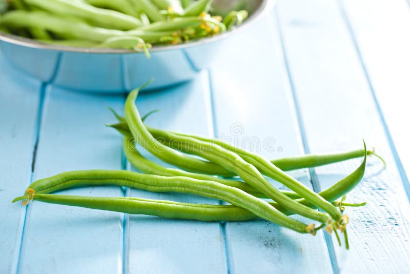 Green Beans on Blue Kitchen Table Stock Image - Image of plant, tasty ...