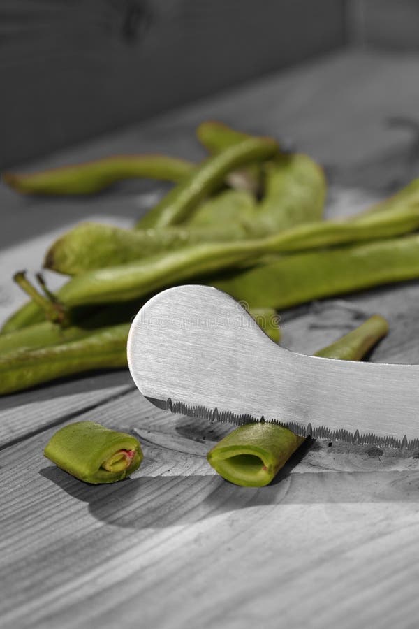 Green beans cutting knife stock photo. Image of wood 75498372