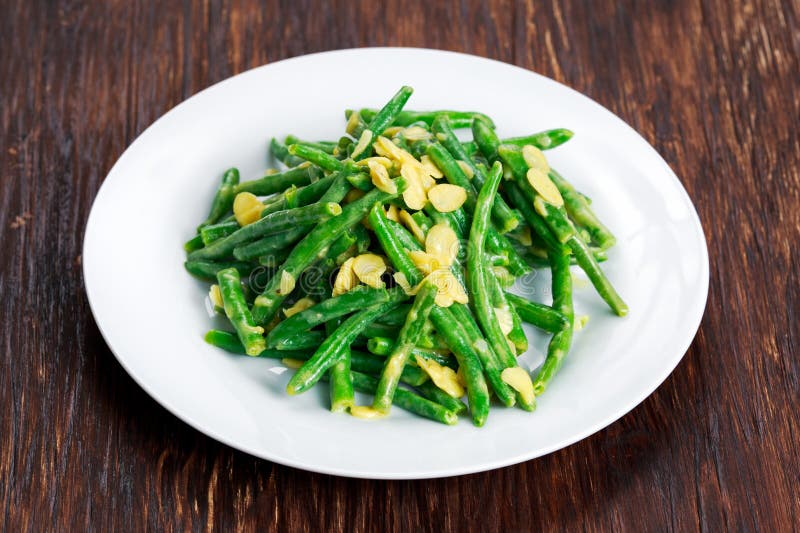 Green Beans Roasts Garlic and Flaked Almond Stock Photo Image of
