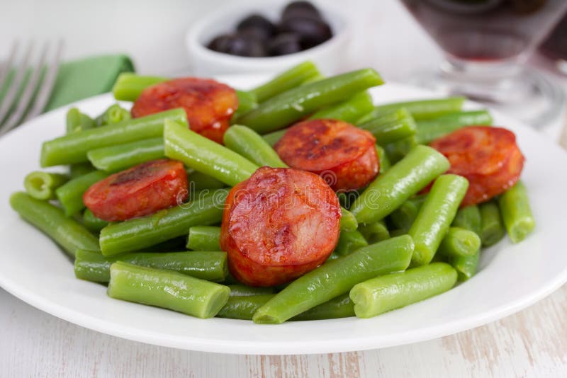 Green beans with sausages stock photo. Image of chourico 28590344