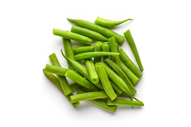 Heap of green beans on white background, top view. Heap of green beans on white background, top view