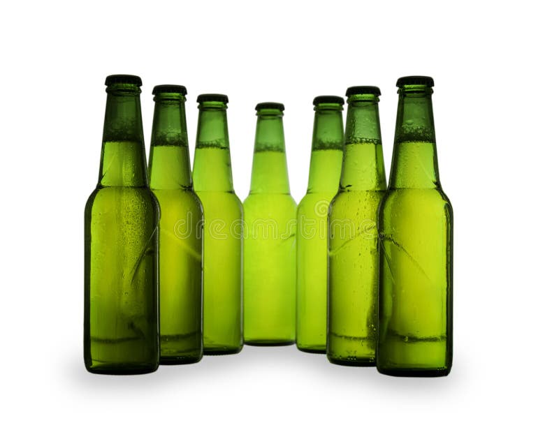 Green Beer Bottles Chilled in Drops of Water on a Shelf in the