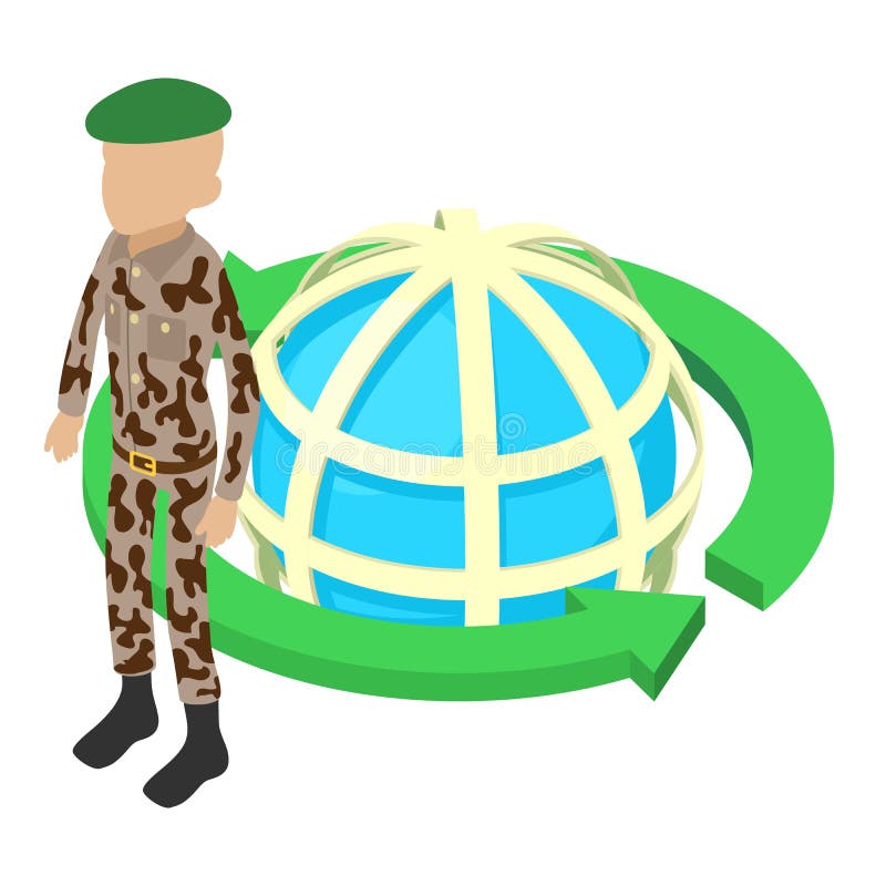 Green beret icon isometric vector. Army sergeant in military uniform near planet vector illustration