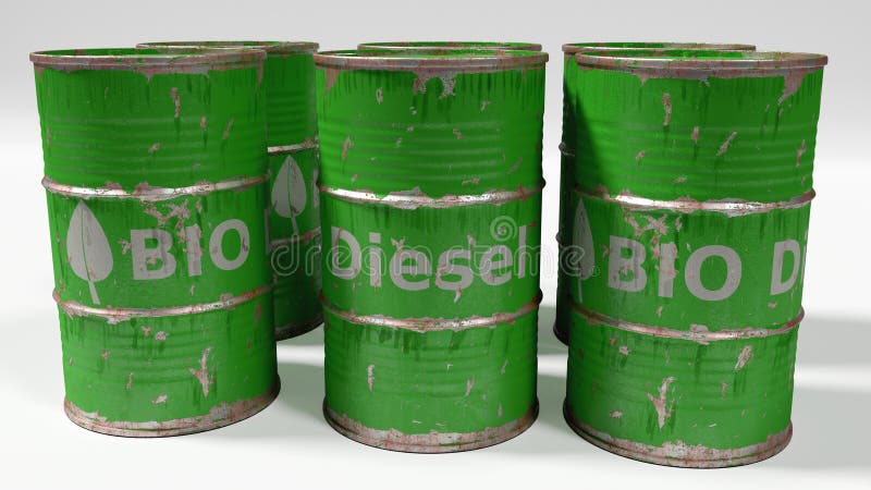 Dirty worn scratched green bio diesel barrels on white background