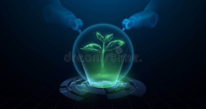 Green, Biology, science, and technology. Sprout and robot arms form lines and triangles, point connecting networks stock illustration
