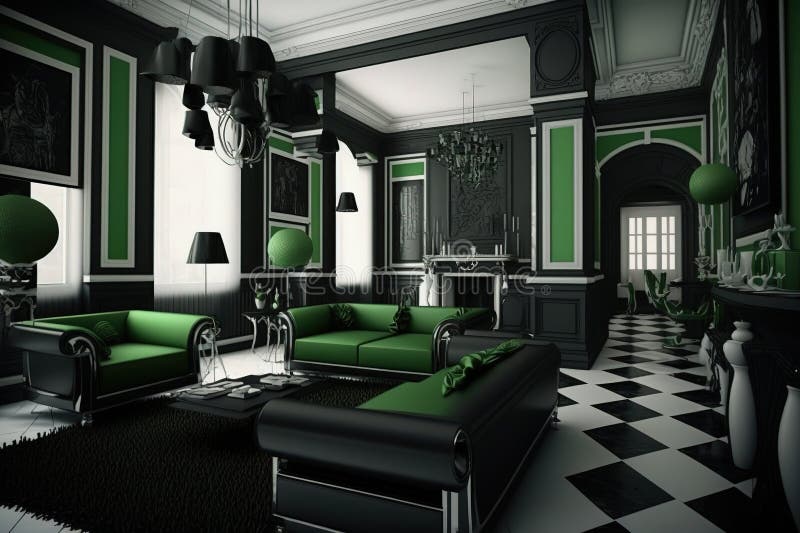 Green and Black Interior Design. Generative Ai Stock Illustration