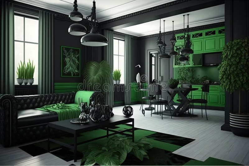 Green and Black Interior Design. Generative Ai Stock Illustration