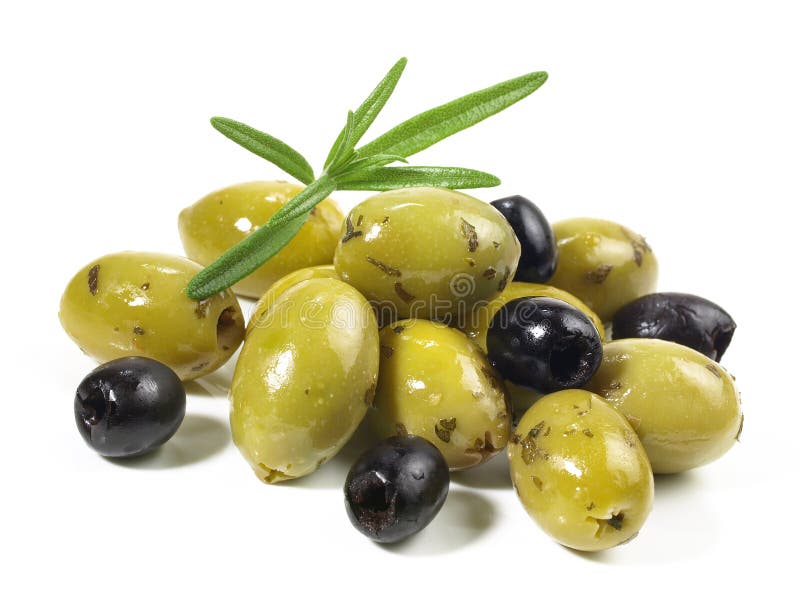 Green and Black Olives on White Background Isolated Stock Photo