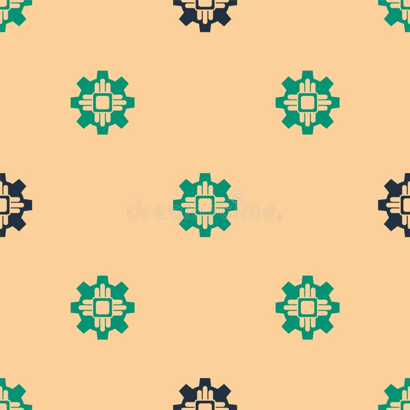 Green and black Processor icon isolated seamless pattern on beige background. CPU, central processing unit, microchip royalty free illustration