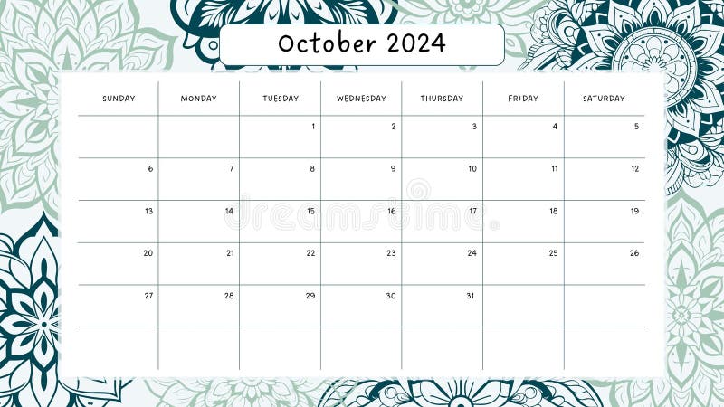 October 2024 Calendar Green & Blue Mandala Stock Illustration - Illustration of 2024calendar ...
