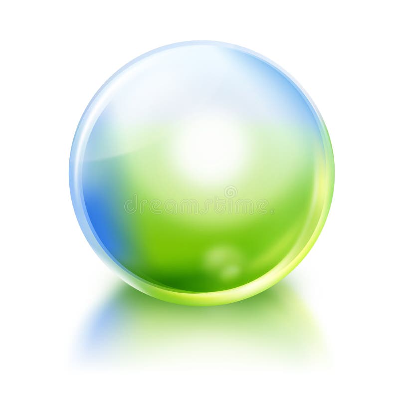 A bright green and blue nature or environmental icon orb circle on a white, isolated background with a reflection. Use it for a purity or future concept. Green drop illustrations