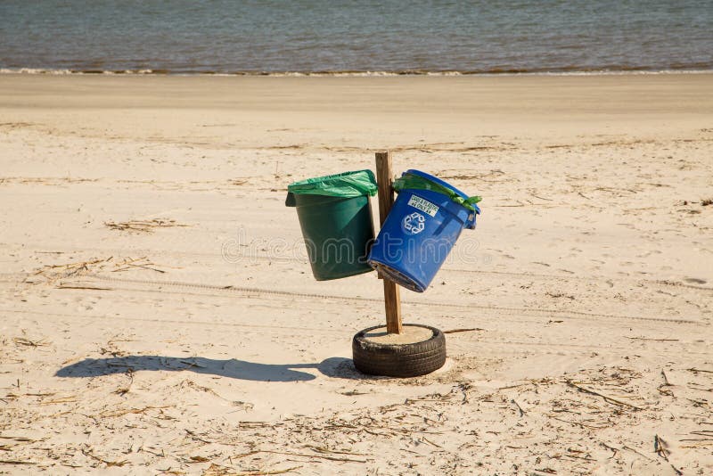 Green and Blue Recycle Bins on Beach Stock Image Image of grass