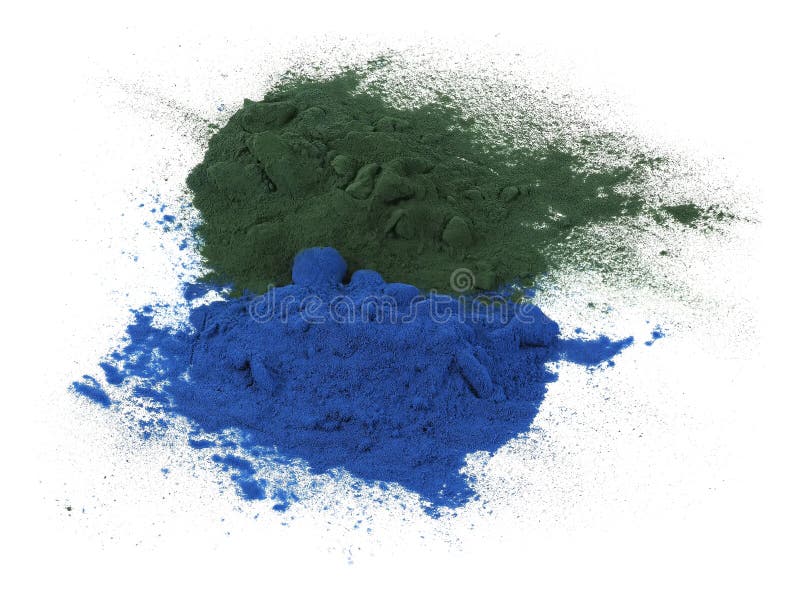 Green and Blue Spirulina Powder Isolated on White Background Stock