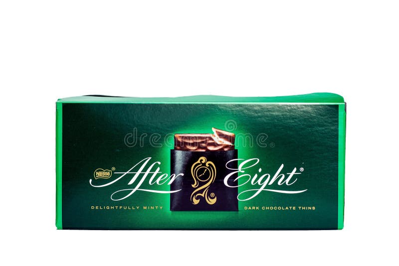 Green box package of mint dark chocolate thins After Eight isolated on white background close up royalty free stock images Green box package of mint dark chocolate thins After Eight isolated on white background close up royalty free stock images