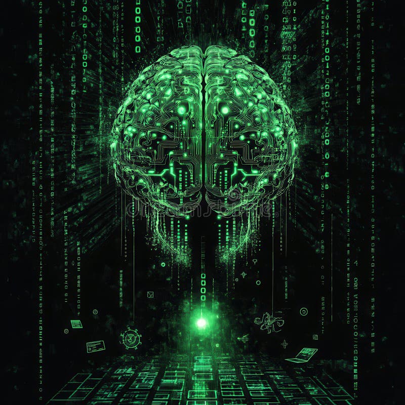 A green brain with binary codes and symbols vector illustration