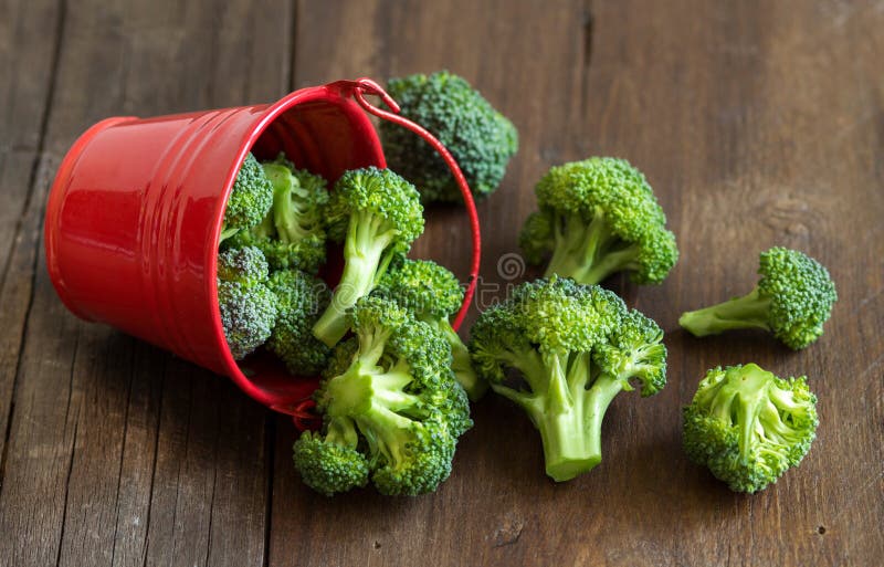 Green Broccoli in Red Bucket Stock Photo Image of diet, vintage 51679898
