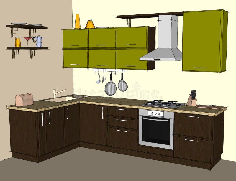 Learn How to Draw Kitchen Cabinets (Furniture) Step by Step : Drawing  Tutorials